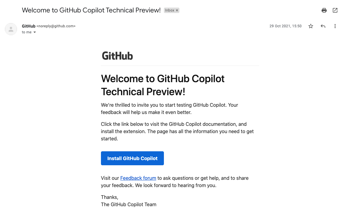 Screenshot of email from copilot team